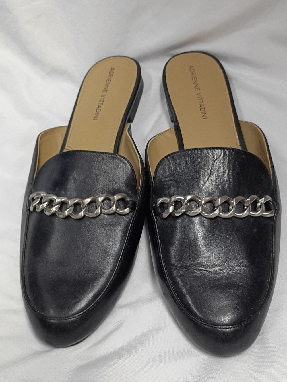 Adrienne Vittadini Davey Black Leather Silver Chain Mule Loafers WOM US 9.5 euc
